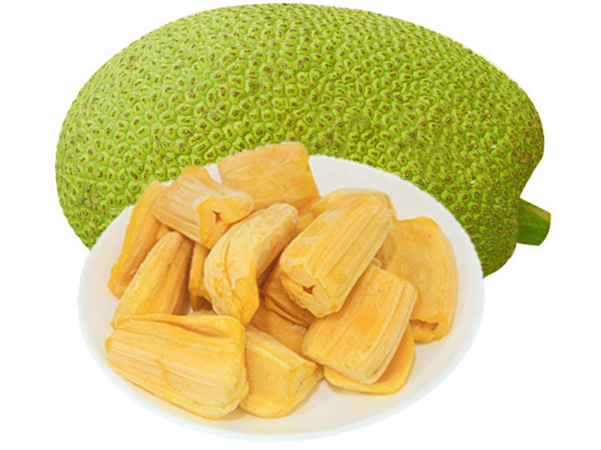 Whole jackfruit with bulbs on a plate
