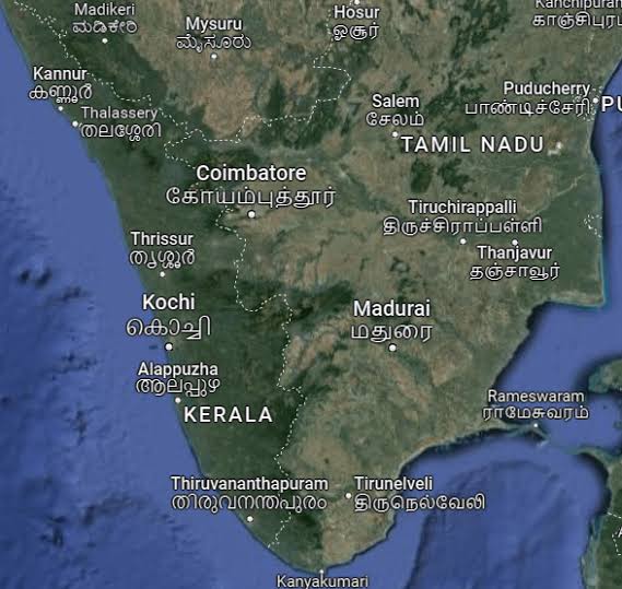 Map of South India highlighting Kerala and Tamil Nadu